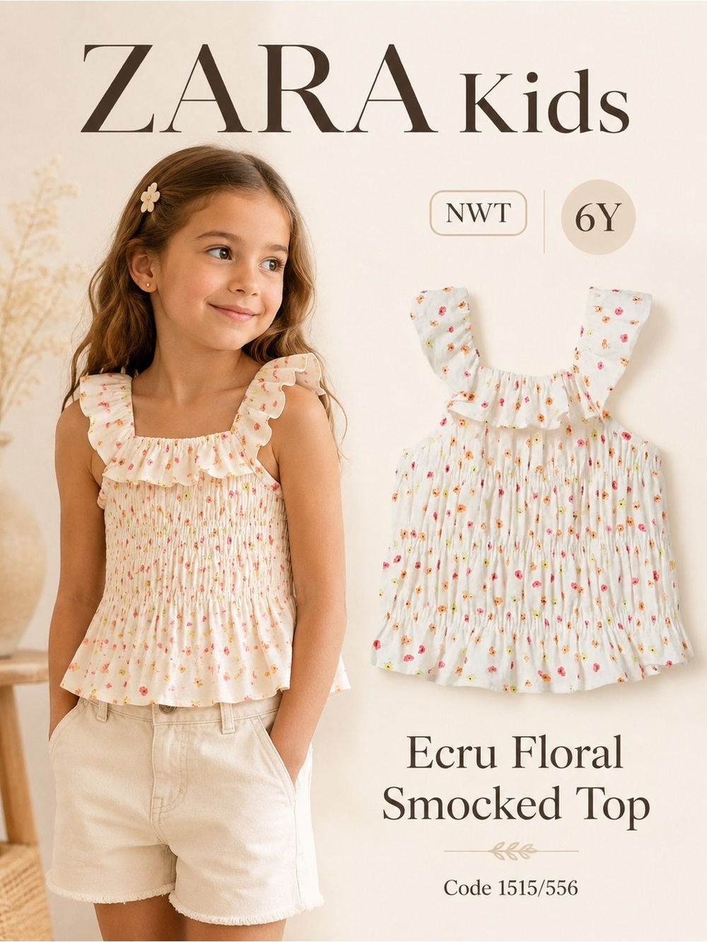Zara Kids Ecru Floral Smocked Ruffle Strap Top NWT Size 6